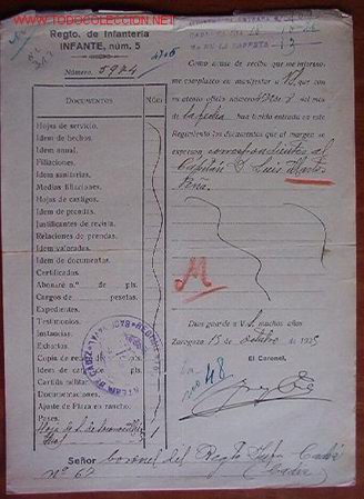 Documentos antiguos: Documento Regimiento de Infanter&iacute;a INFANTE n&ordm; 5 , 1925