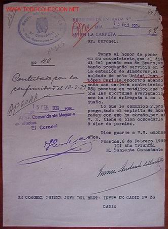 Documentos antiguos: Documento Regimiento de Infanter&iacute;a, C&aacute;diz n&ordm;33, 2&ordm; batall&oacute;n, B&oacute;n. Guarnici&oacute;n n&ordm;313, 1939