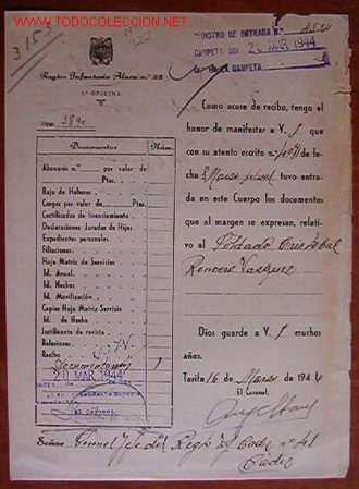 Documentos antiguos: Documento Regimiento Infanter&iacute;a &Aacute;lava n&ordm;22, 1&ordf; oficina, 1944