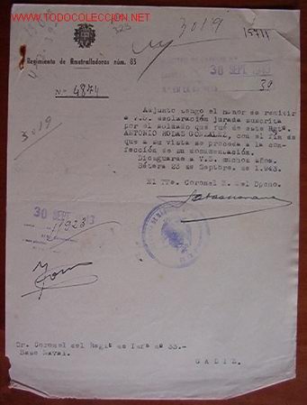 Old Documents: Documento Regimiento de Ametralladoras n&ordm;83, 1943