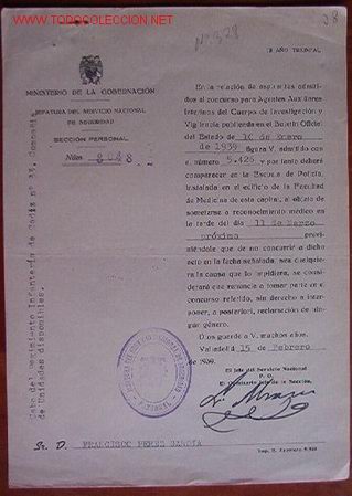 Documentos antigos: Documento Ministerio de la Gobernaci&oacute;n, jefatura del servicio nacional de seguridad
