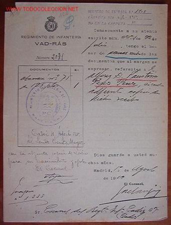 Documentos antiguos: Documento Regimiento de Infanter&iacute;a, Vad-R&aacute;s, 1919