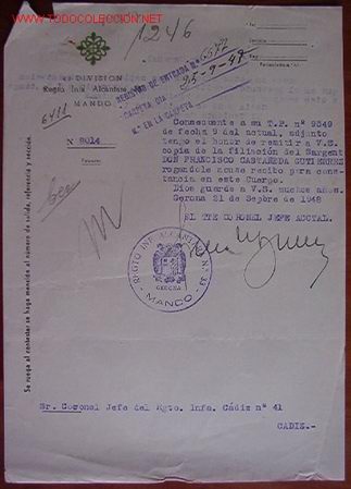 Documentos antiguos: Documento 41 Divisi&oacute;n Regimiento Infanter&iacute;a Alc&aacute;ntara 33, mando, 1948