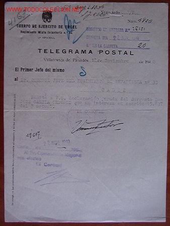 Documentos antiguos: Documento Cuerpo de Ej&eacute;rcito de Urgel, Regimiento Mixto Infanter&iacute;a n&ordm;84, 1&ordf; oficina, 1940
