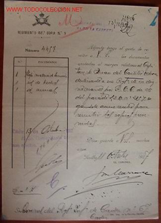 Documentos antiguos: Documento Regimiento Infanter&iacute;a de S&oacute;ria, n&ordm;9, 1937