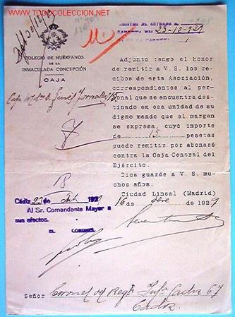 Documentos antiguos: Documento del Colegio de Hu&eacute;rfanos de la Inmaculada Concepci&oacute;n, Caja, 1929.