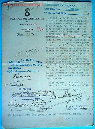 Documentos antigos: Documento de la F&aacute;brica de artiller&iacute;a de Sevilla, Direcci&oacute;n, 1937.