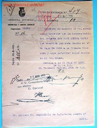 Documentos antigos: Documento de la Segunda divisi&oacute;n, contabilidad y asuntos centrales, 1935.