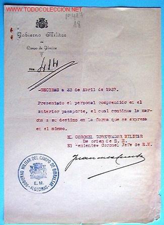 Documentos antiguos: Documento Gobierno Militar del campo de gibraltar 1937 - Foto 1