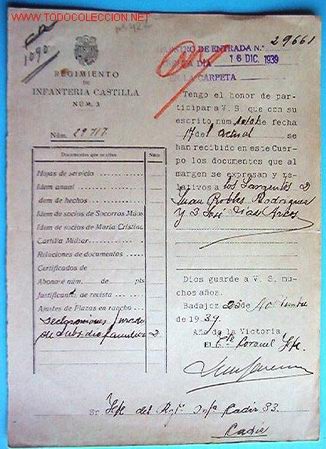 Documentos antiguos: Documento del Regimiento de Infanter&iacute;a, Castilla n&ordm;3, 1939