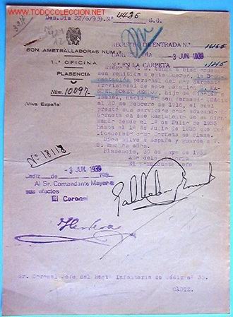 Old Documents: Documento Batall&oacute;n Ametralladoras n&ordm;7, 1&ordf; oficina Plasencia 1939