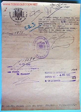 Documentos antiguos: Documento del regimiento de Infanteria monta&ntilde;a n&ordm;46, mando 1940