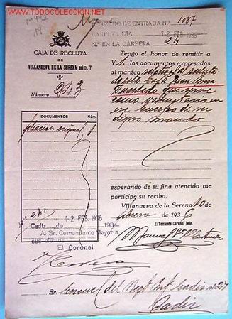 Documentos antiguos: Doc. caja de reclutas de Villanueva de la Serena - Foto 1