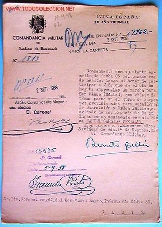 Old Documents: Doc. Comandancia militar, Sanlucar de Barrameda, 1938