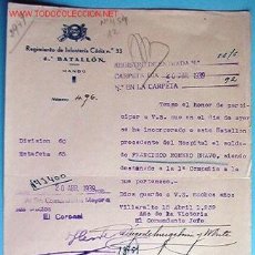 Documentos antiguos: DOC. REGIMIENTO DE INFANTERIA CADIZ Nº33, 4º BATALLÓN. Lote 5963603