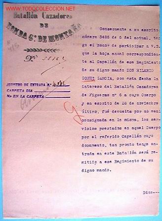 Documentos antigos: Doc. Batall&oacute;n de Cazadores Ronda n&ordm;6 de monta&ntilde;a 1927