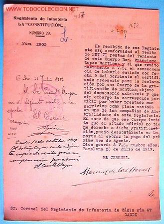 Documentos antiguos: Doc. Reg. de Infanteria, La Constituci&oacute;n n&ordm;29, 1919