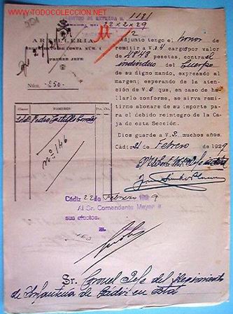 Documentos antigos: Documento Artiller&iacute;a Regimiento de costa n&ordm;1, primer jefe, 1929