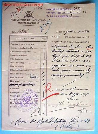 Documentos antiguos: Documento Regimiento de infanter&iacute;a, Ferrol n&ordm;65, 1925 - Foto 1