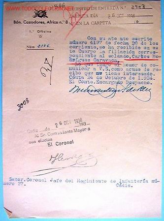 Documentos antigos: Doc. B&oacute;n. de Cazadores Africa n&ordm;8, 1&ordf; Oficina, 1934