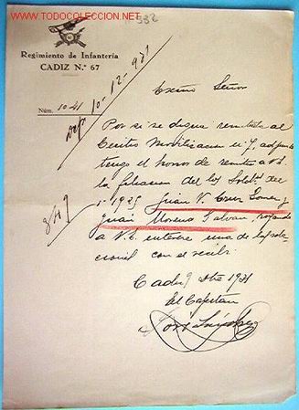 Documentos antiguos: Doc. Regimiento de infanteria Cadiz n&ordm;67, 1931