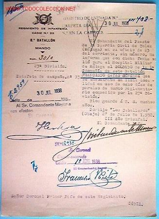 Documentos antiguos: Documento Regimiento  de infanter&iacute;a C&aacute;diz n&ordm;33, 4&ordm; batall&oacute;n, mando 1938