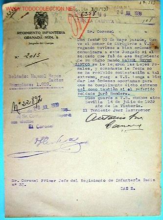 Documentos antiguos: Documento Regimiento de infanter&iacute;a, granada n&ordm;6, judgado del cuerpo, 1939