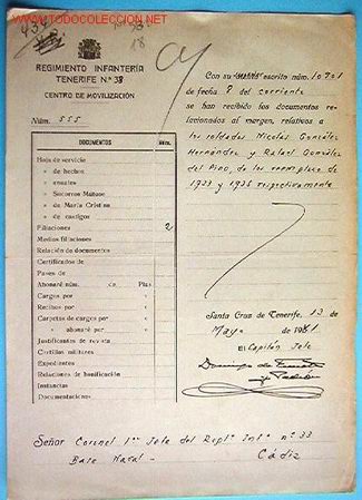Documentos antiguos: Doc. Reg. de Inf, Tenerife n&ordm;38, - Foto 1