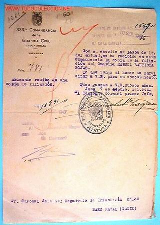 Documentos antiguos: Doc. 339&ordf; Comandancia de la Guardia Civil - Foto 1