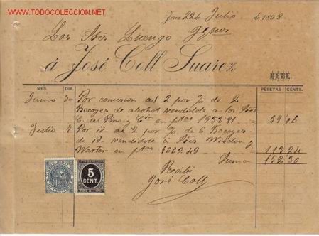 Documentos antiguos: RECIBI DE JOSE COLL SUAREZ,1898.JEREZ - Foto 1