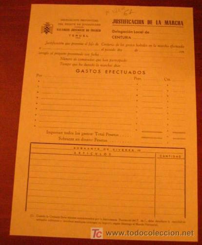 Documentos antiguos: Documento tama&ntilde;o cuartilla, en blanco, justificaci&oacute;n de la marcha, falange. - Foto 1