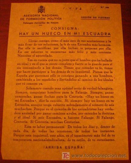 Documentos antiguos: Legi&oacute;n de flechas, consigna,  hay un hueco en mi escuadra