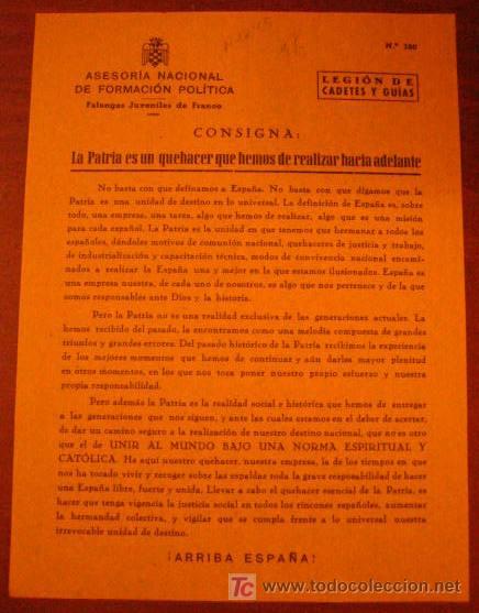Documentos antiguos: Legi&oacute;n de flechas, consigna, la patria es un quehacer que hemos de realizar hacia delante