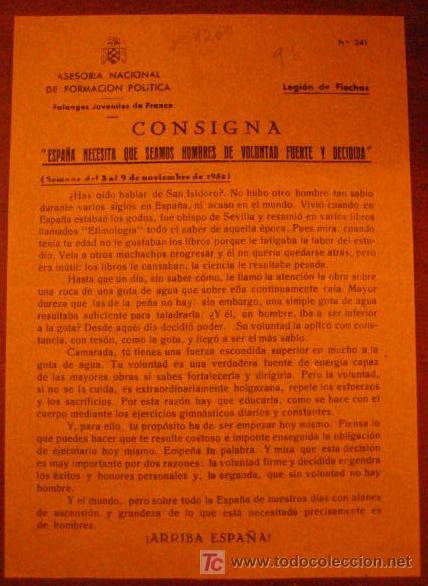 Documentos antiguos: Legi&oacute;n de flechas, consigna, Espa&ntilde;a necesita que seamos hombres de voluntad fuerte y decidida