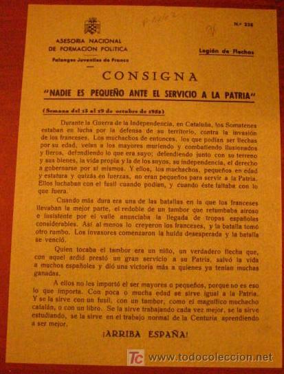 Documentos antiguos: Legi&oacute;n de flechas, consigna,  nadie es peque&ntilde;o ante el servicio a la patria