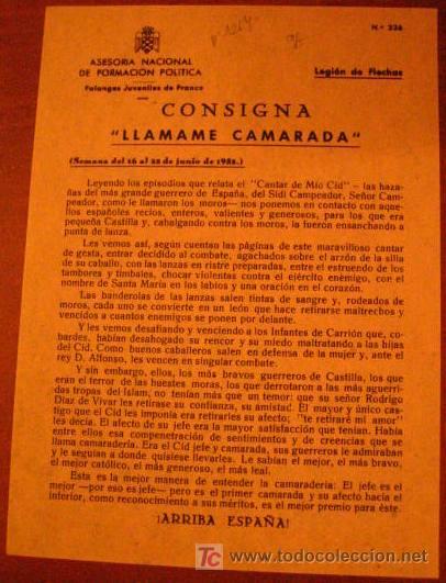 Documentos antiguos: Legi&oacute;n de flechas, consigna, llamame camarada