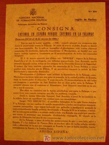 Documentos antiguos: Legi&oacute;n de flechas, consigna, creemos en Espa&ntilde;a porque creemos en la falange