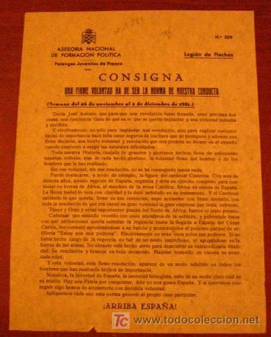 Documentos antiguos: Legi&oacute;n de flechas, consigna, una firme voluntad ha de ser la norma de nuestra conducta