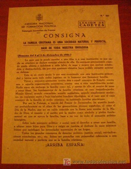 Documentos antiguos: Legi&oacute;n de flechas, consigna, la familia cristiana es una sociedad natural y perfecta......