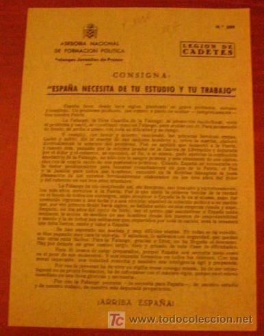 Documentos antiguos: Legi&oacute;n de flechas, consigna, Espa&ntilde;a necesita tu estudio y tu trabajo