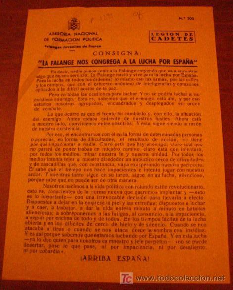 Documentos antiguos: Legi&oacute;n de flechas, consigna, la falange nos congrega a la lucha por Espa&ntilde;a