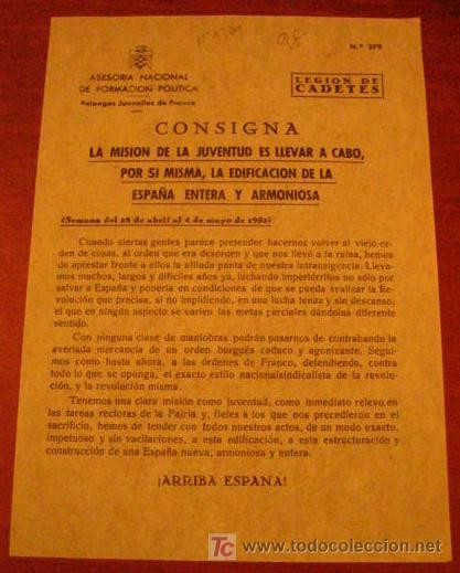 Documentos antiguos: Legi&oacute;n de flechas, consigna, la mision de la juventud es llevar a cabo por si misma...........