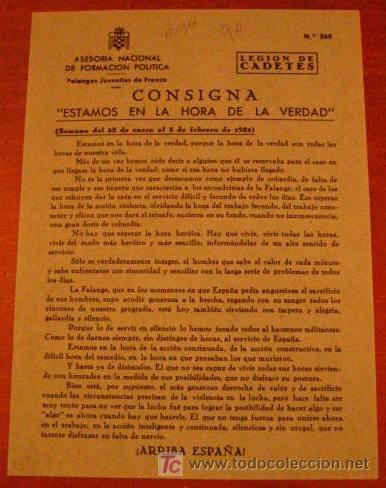 Documentos antiguos: Legi&oacute;n de flechas, consigna, estamos en la hora de la verdad
