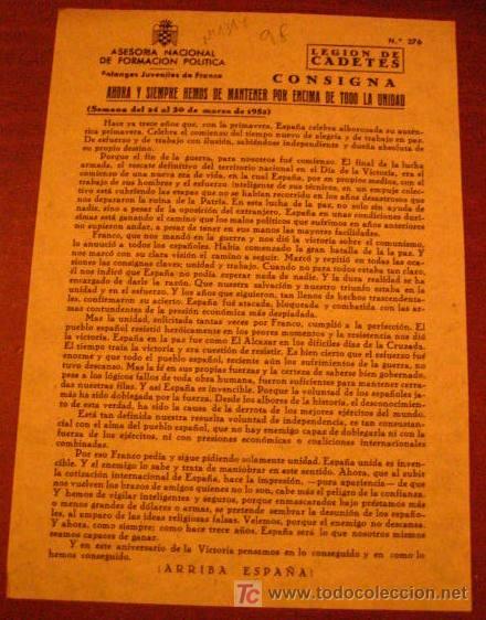 Documentos antiguos: Legi&oacute;n de flechas, consigna, ahora y siempre hemos de mantener por encima de todo la unidad