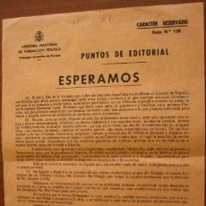 Documentos antiguos: HOJA DE CARACTER RESERVADO, FALANGES JUVENILES DE FRANCO. Lote 3137388