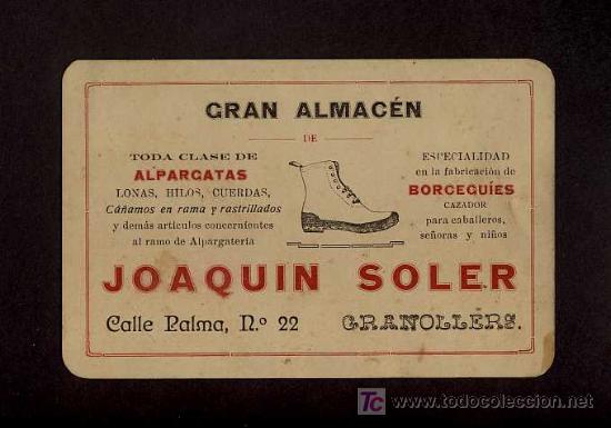 Documentos antiguos: Tarja publicitaria de GRANOLLERS (Barcelona): Gran Magatzem de Joaquim Soler (sabateria, zapateria)
