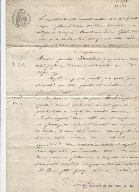 ACTA NOTARIAL DE UNA VENTA . FRANCIA. 1864. 