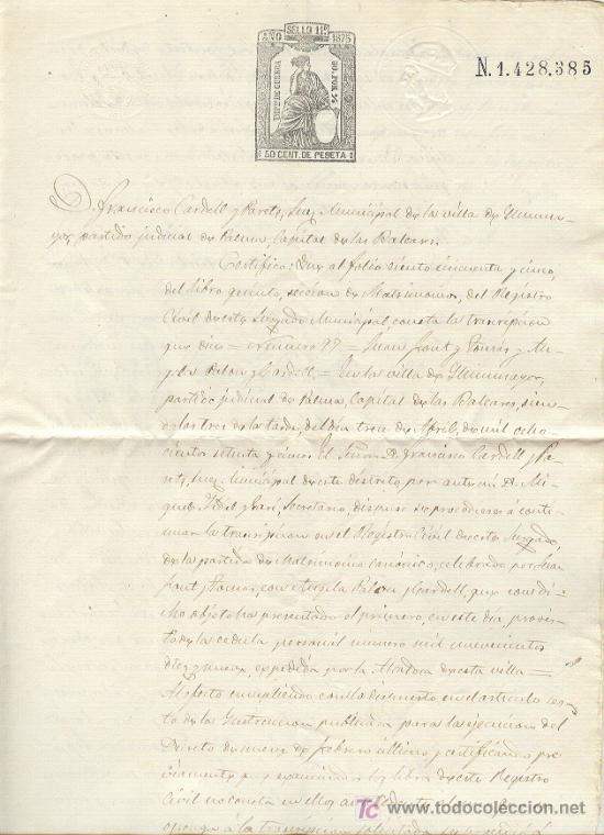 Documents Anciens: DOCUMENTO DOS HOJAS 1875 LLUCMAJOR MALLORCA BONITOS SELLOS EN SECO