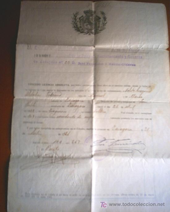 Documentos antiguos: DOCUMENTO LICENCIA ABSOLUTA DE UN NATURAL DE ZARAGOZA DE 1921