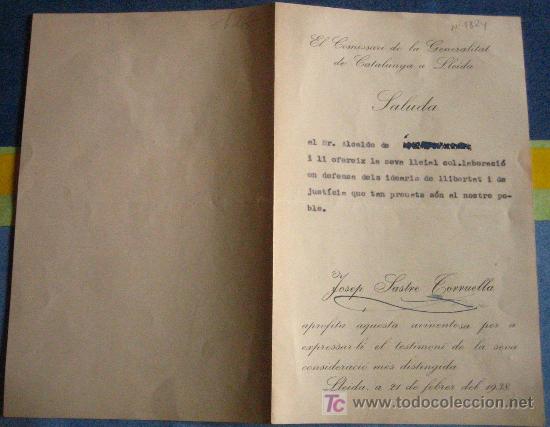 Documentos antigos: Document, El comissari de la Generalitat de Catalunya a Lleida, 1938